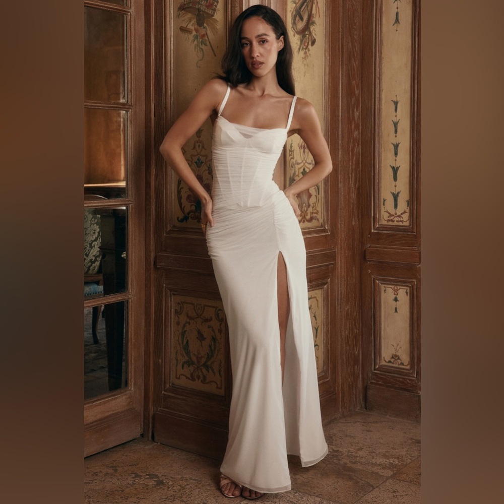 HOUSE OF CB Lini White Mesh Maxi Dress white ruched size L regular cup A-C NWOT - Picture 5 of 17